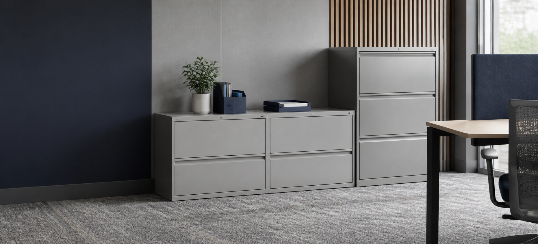 Commercial-grade Knoll-style metal lateral file cabinets