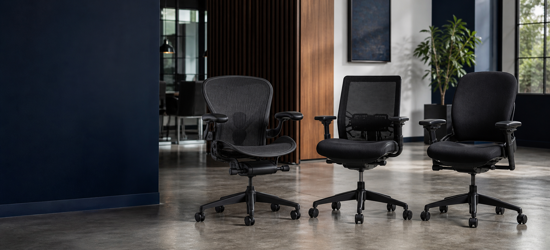 Premium refurbished Herman Miller Aeron, Haworth Zody, and Steelcase Leap V2 office chairs