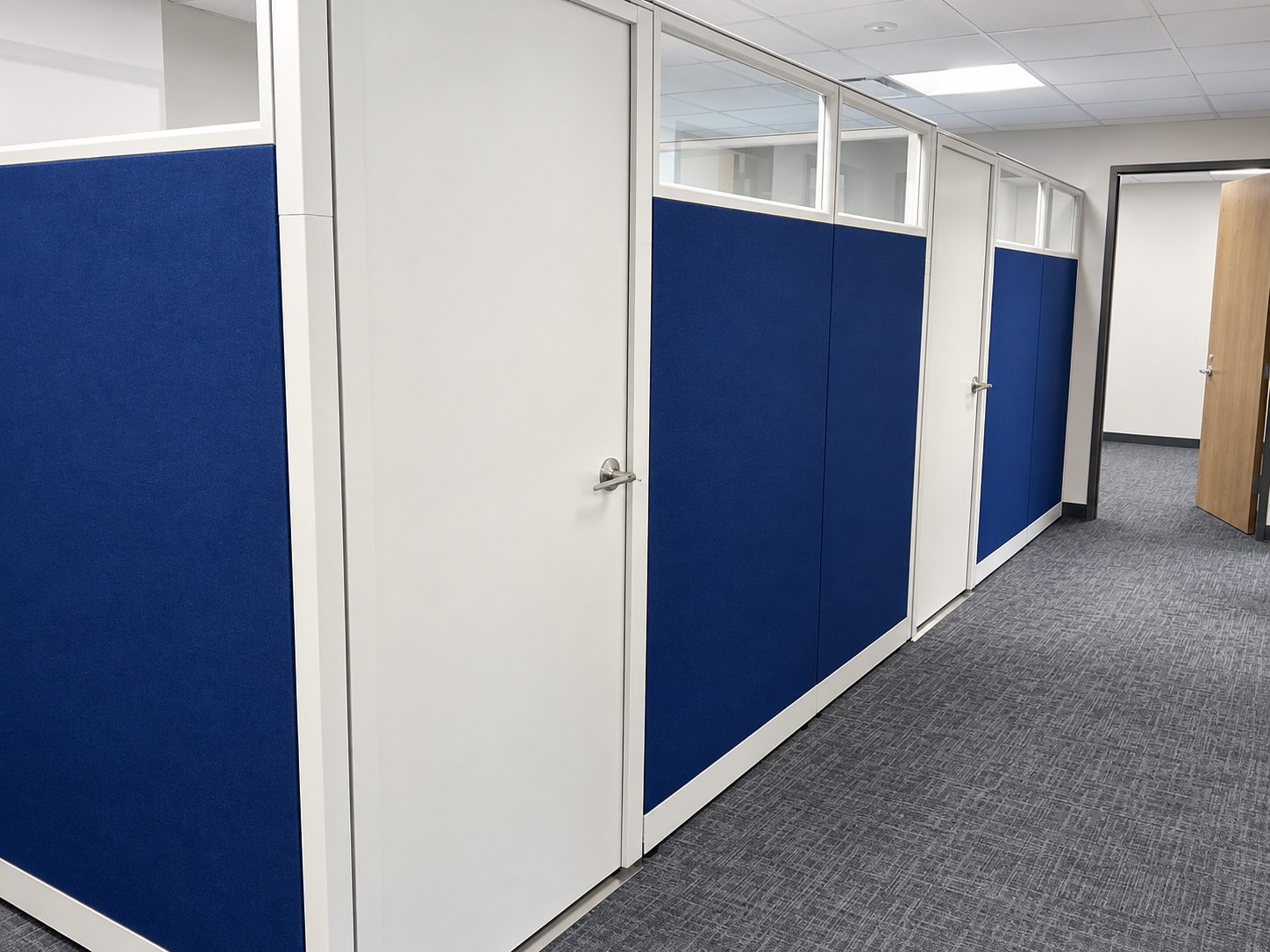 Remanufactured Knoll panel private offices with lockable doors and clerestory glass