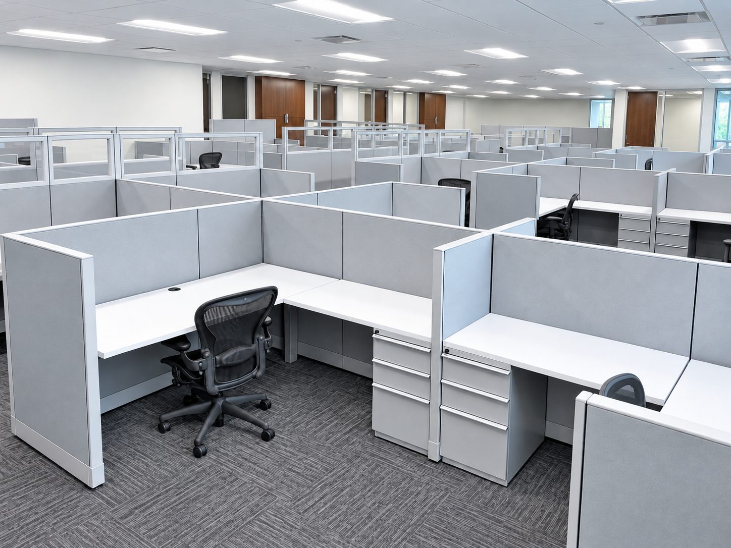 Open office with remanufactured Knoll workstations and Aeron chairs at RPT Alliance Houston