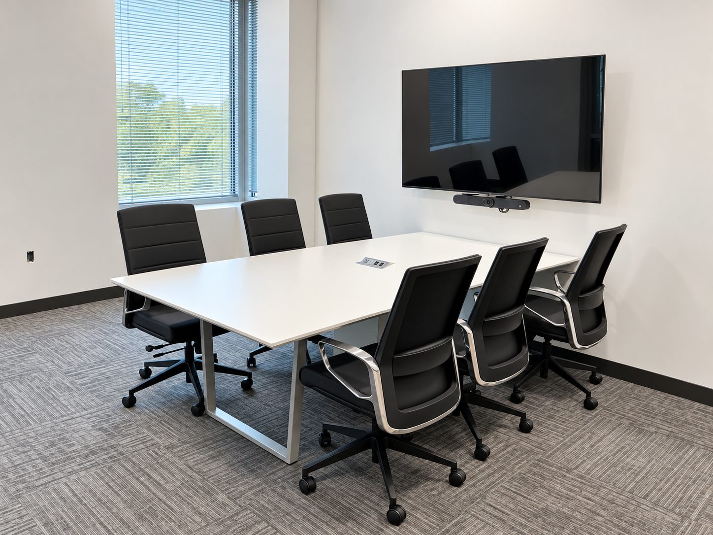 Small conference room with white table, conference chairs and video conferencing display