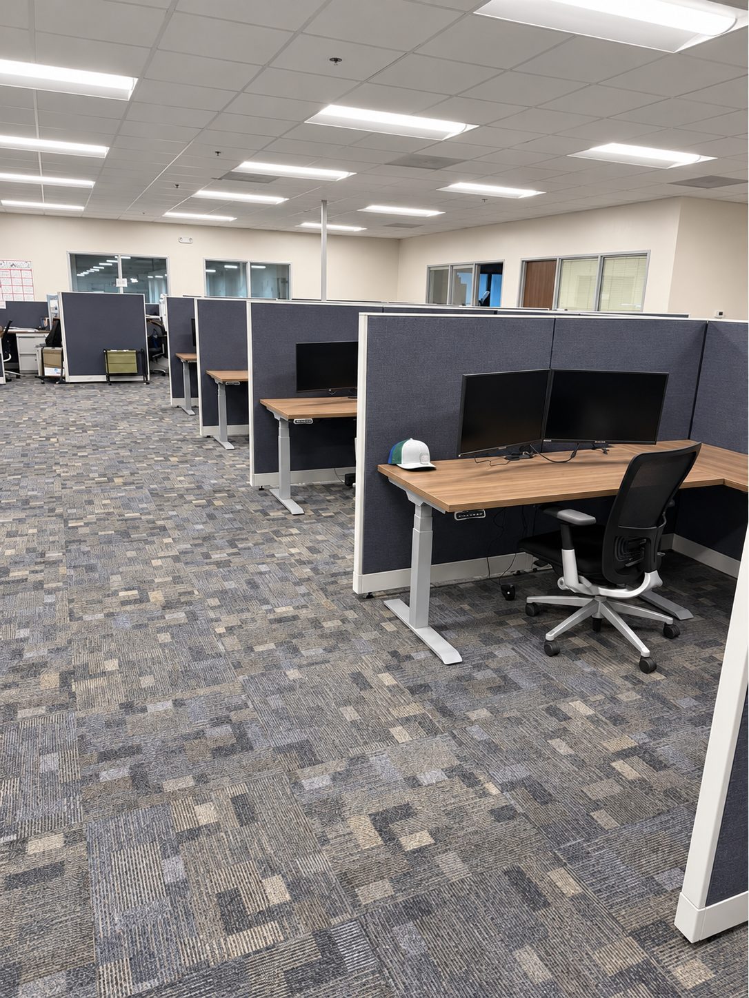 Cubicle workstations with height-adjustable desks, dual monitors and Haworth Zody chairs