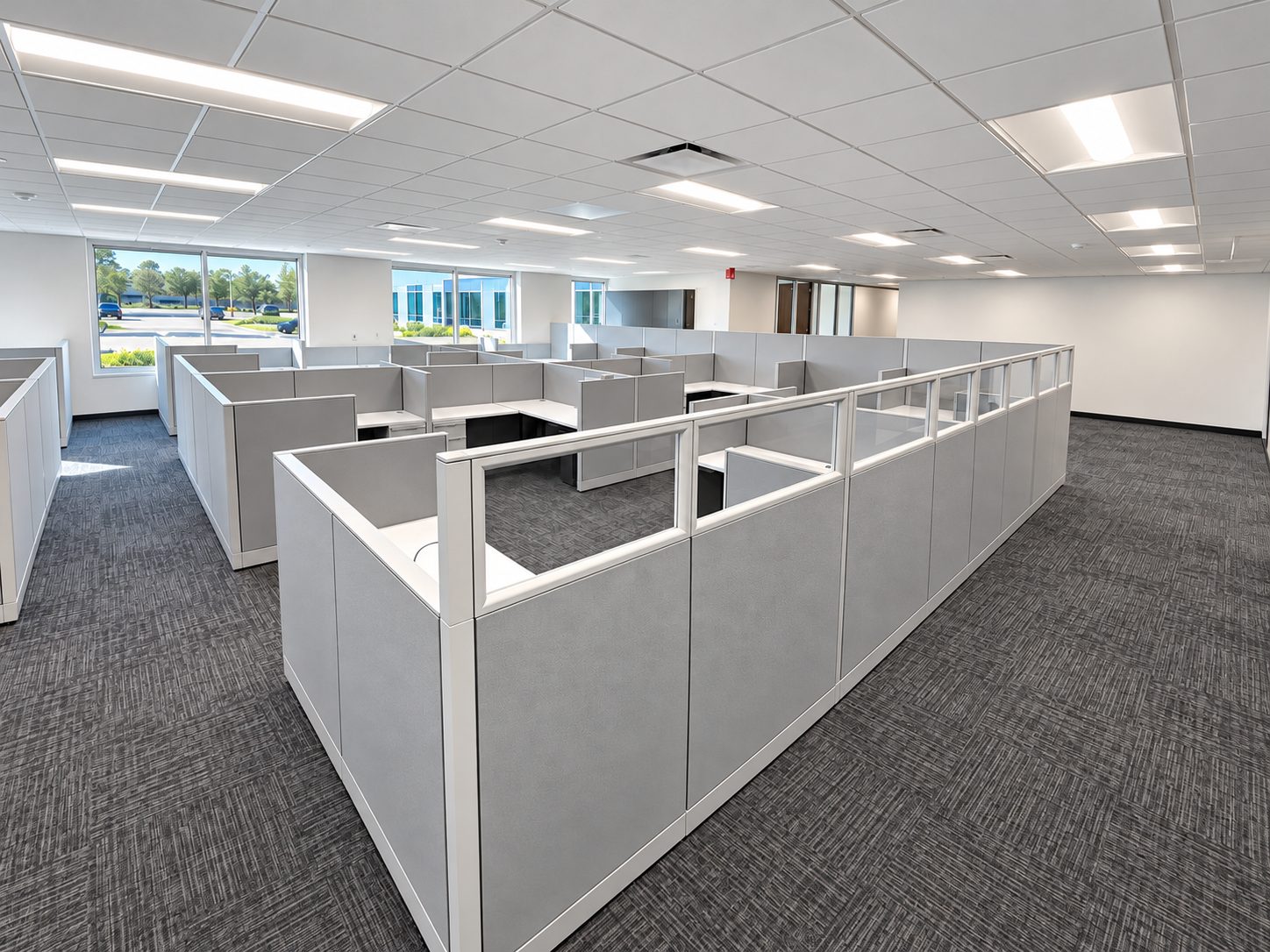 Remanufactured Knoll workstations with glass-topped panels in a bright open office