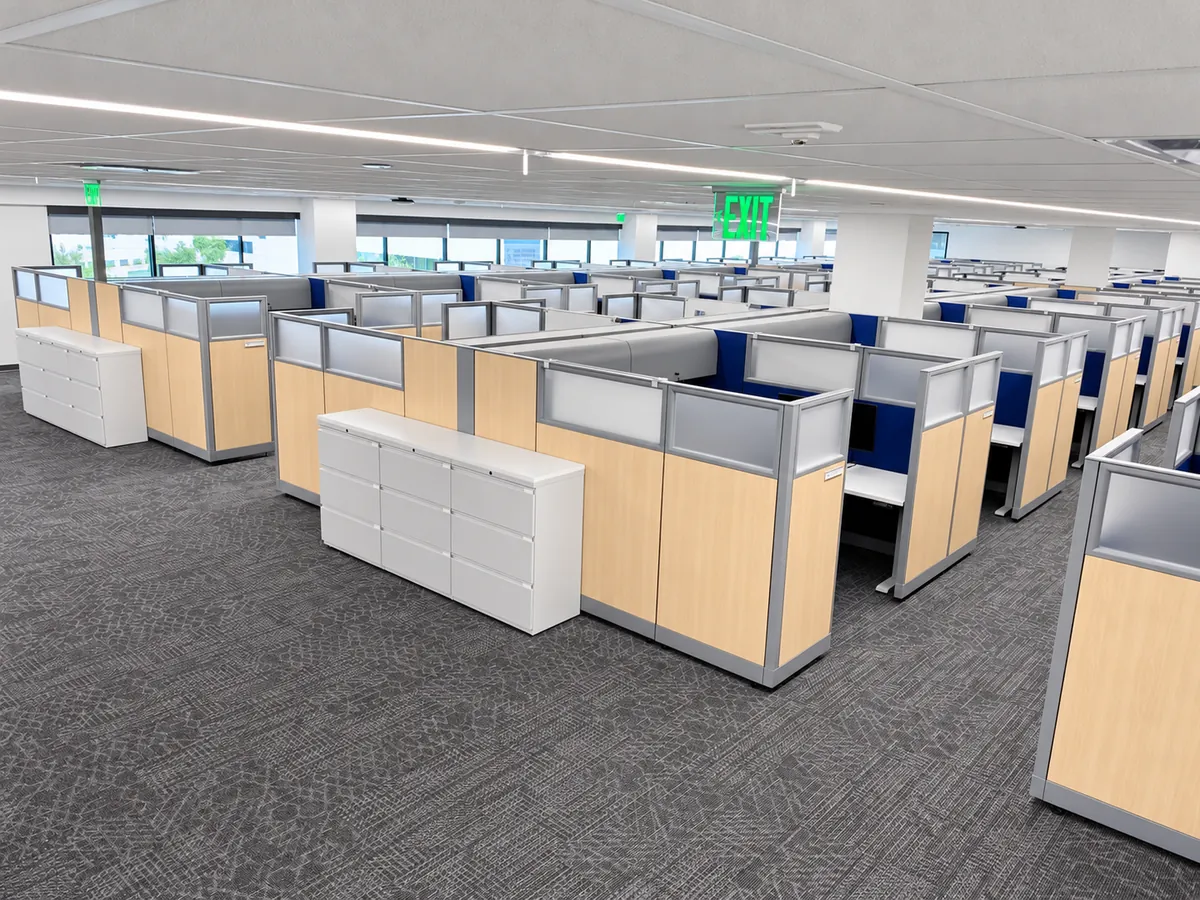 Rows of wood and frosted-glass cubicles on the APS Phase Three floor installed by OFC