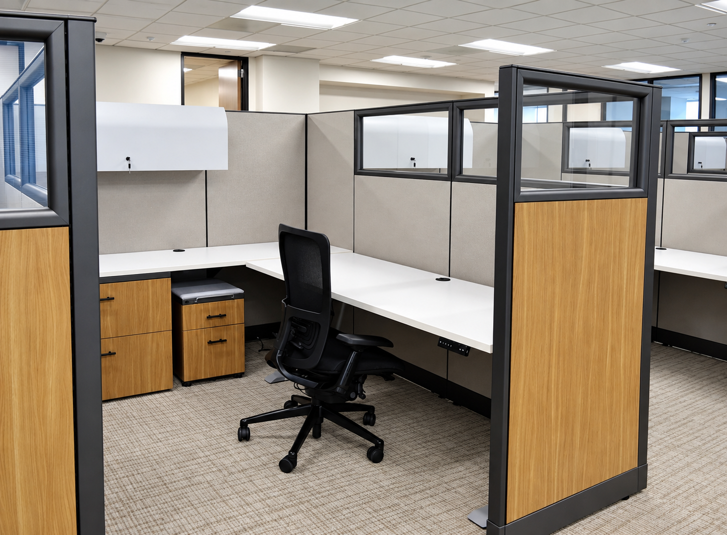 Law firm workstation with white desk surface, task chair, and wood finish storage.