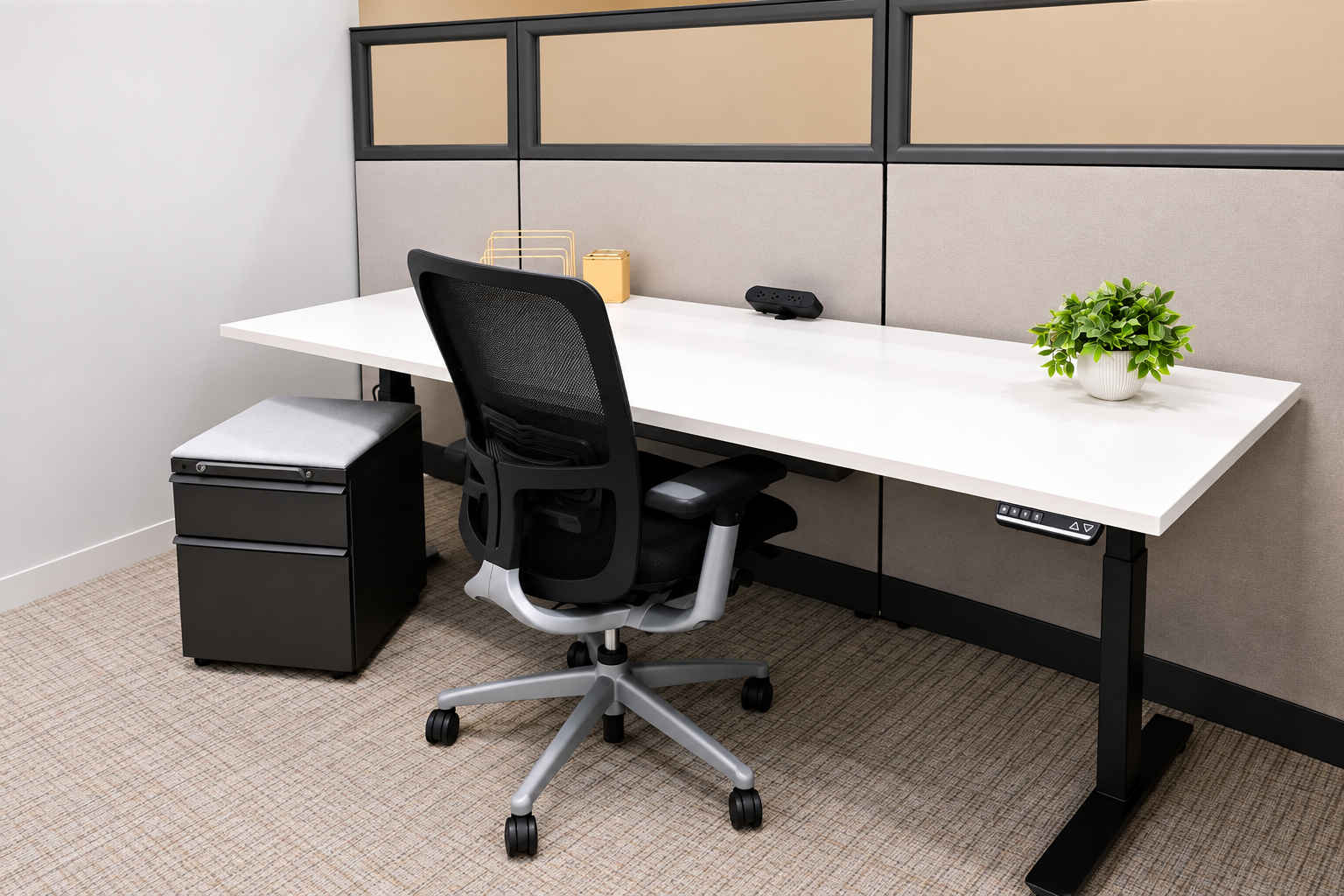 White desk with task chair, drawer storage, and panel divider in a law firm office.