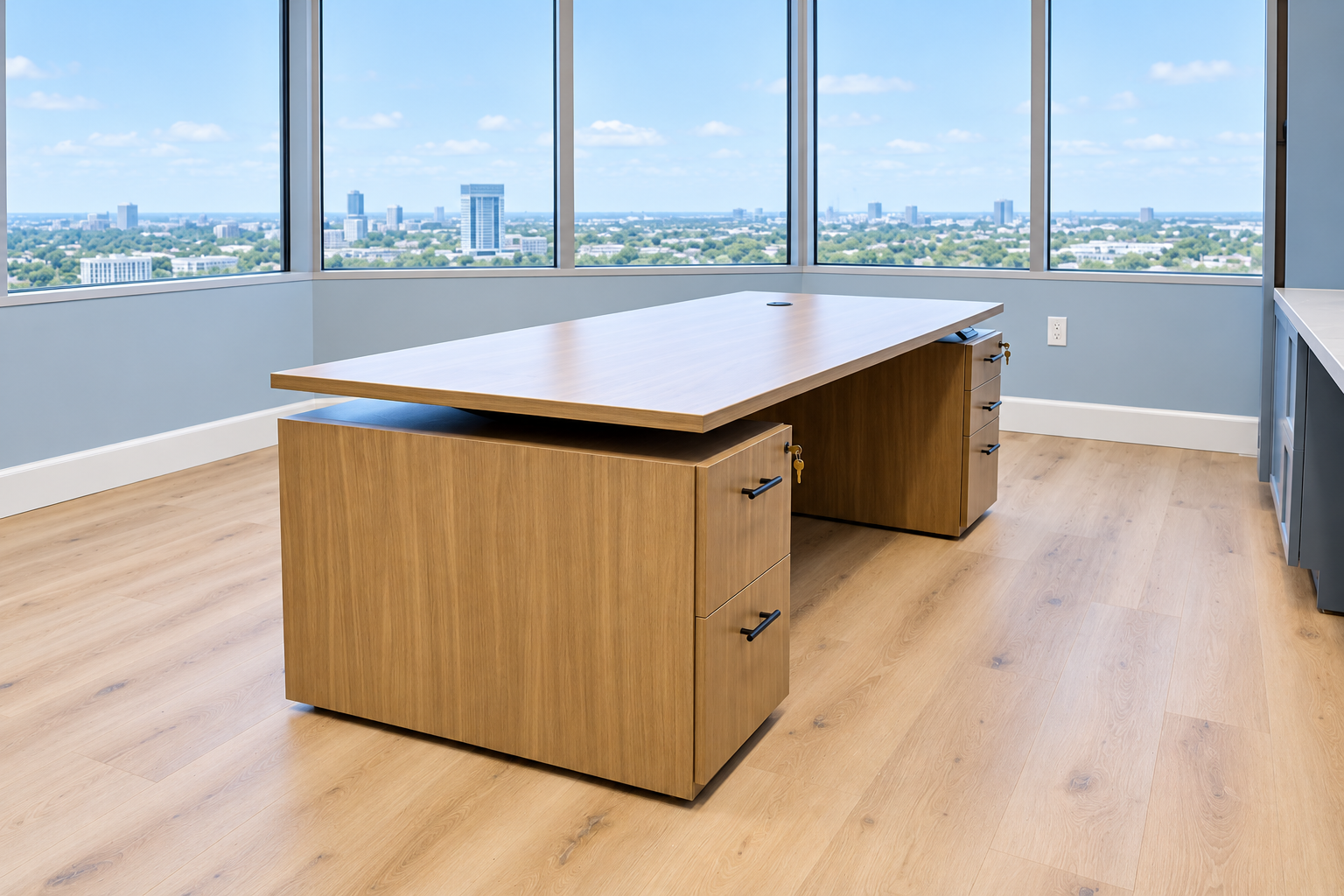 Light wood finish desk and storage in a law firm office overlooking Houston.