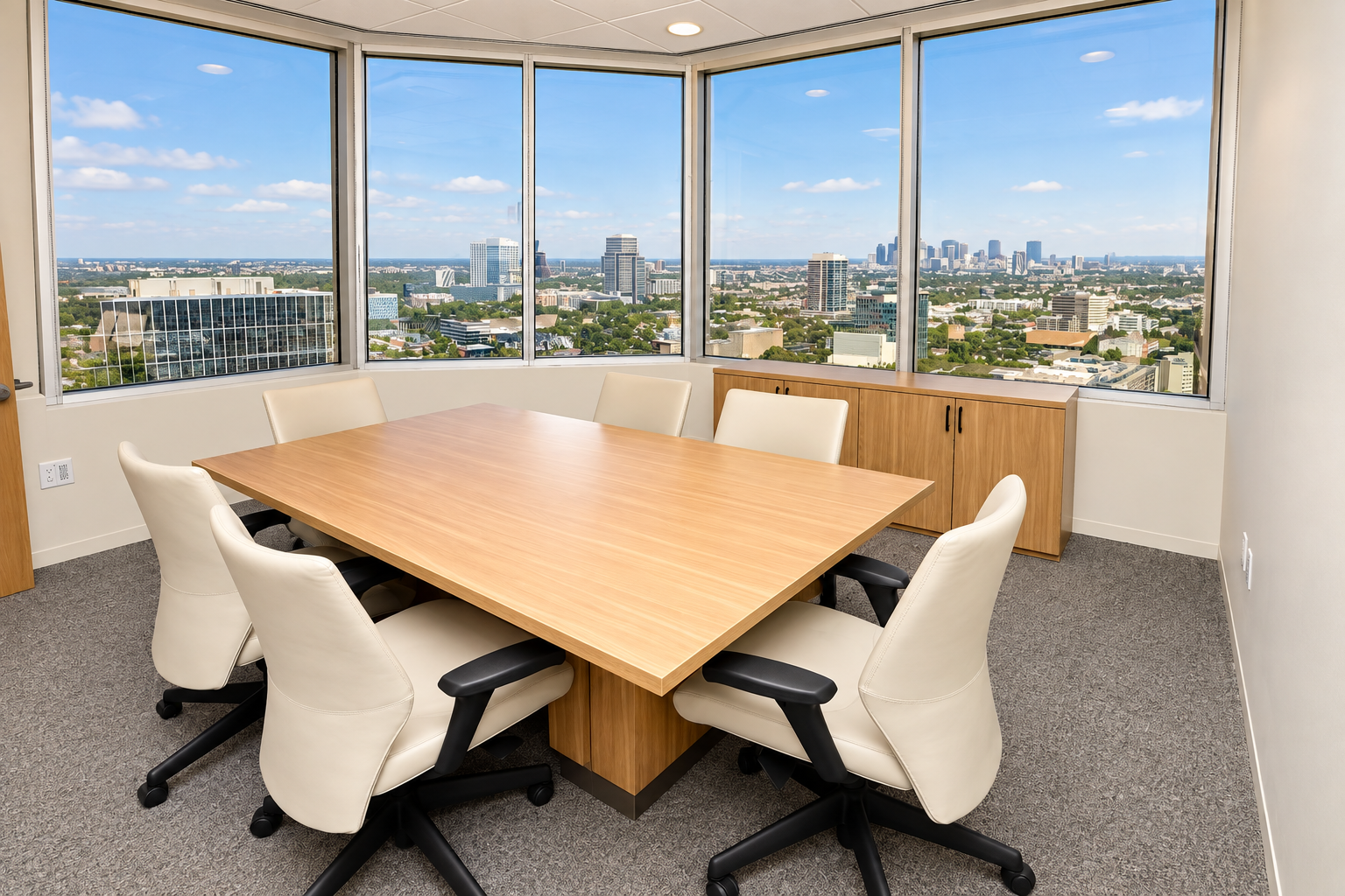 Corner meeting room with a light wood finish table and upholstered chairs.