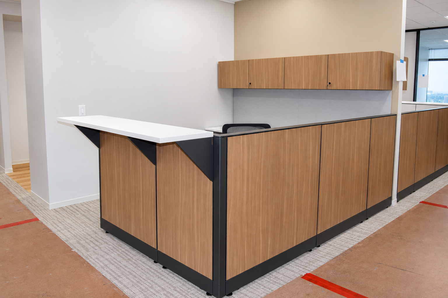 Wider view of the law firm shared counter and coordinated storage area.
