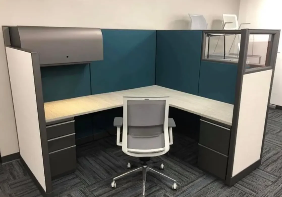 Remanufactured Knoll Morrison Cubicles with gray fabric panels and white worksurface or desk. Pedestal storage and task chair. All for sale at 40% or more discount from buying new workstations in Houston TX