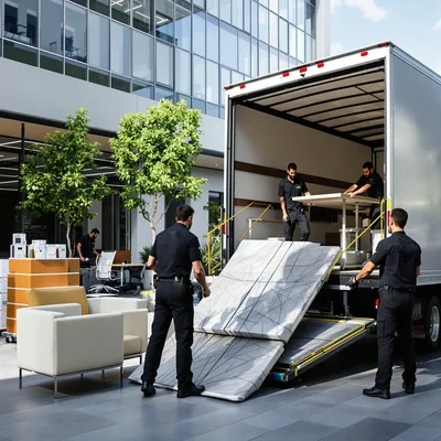 Professional delivery and installation crew unloading and placing office furniture from truck into modern building lobby for white-glove commercial furniture setup.