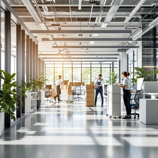 Facility services team relocating workstations, managing moving boxes, and reconfiguring office layout in bright open-plan space for efficient office moves and churn.