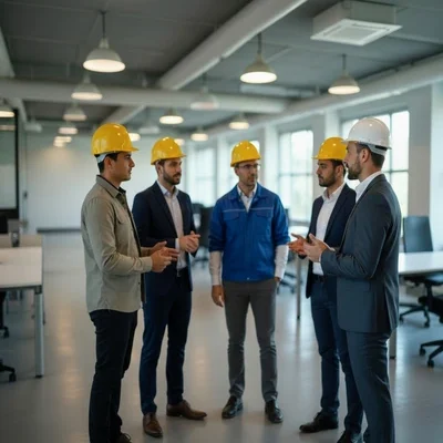 Project management team in hard hats conducting on-site coordination meeting in industrial office setting for seamless furniture project execution and timeline control.