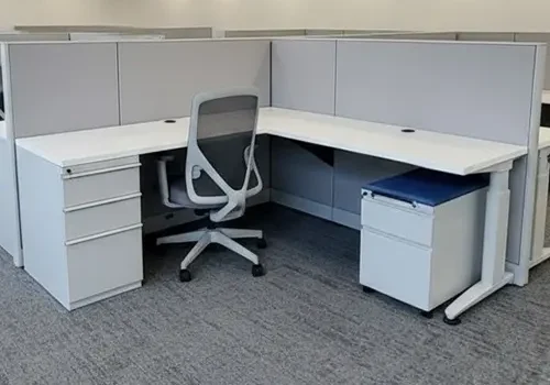 Remanufactured Knoll Morrison Cubicles with gray fabric panels and white worksurface or desk. Pedestal storage and task chair. All for sale at 40% or more discount from buying new workstations in Houston TX