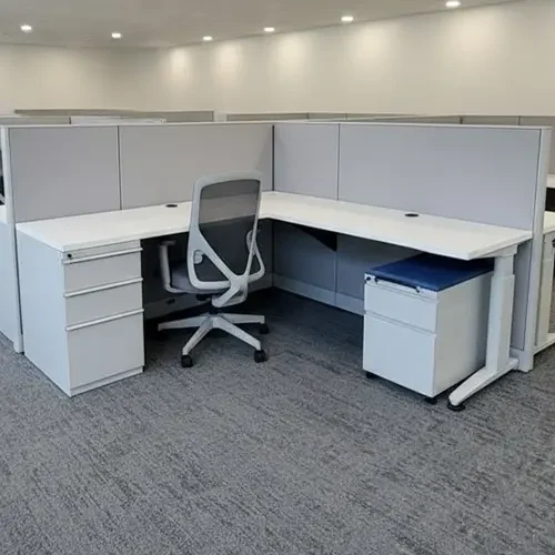 Remanufactured Knoll Morrison Cubicles with gray fabric panels and white worksurface or desk. Pedestal storage and task chair. All for sale at 40% or more discount from buying new workstations in Houston TX