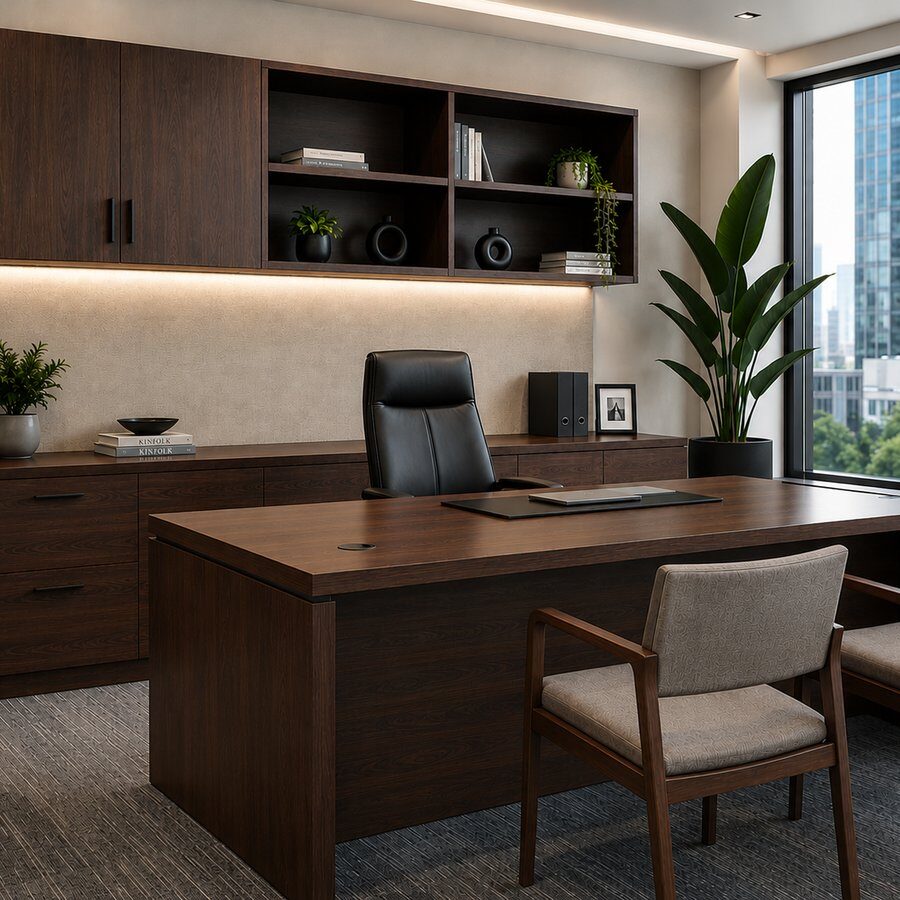 Custom office millwork private office with built-in desk and cabinets in Houston, TX